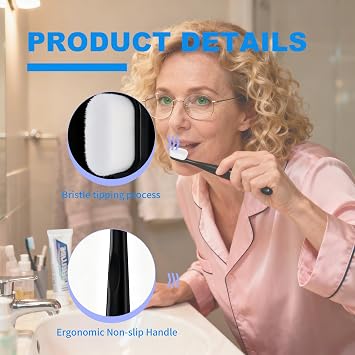 6Pcs Soft Bristle Toothbrush Micro-Nano Toothbrushes | Extra Soft Toothbrush with 20000 Bristles for for Fragile Gums Elderly Adult Kids Braces Black (White Bristles)