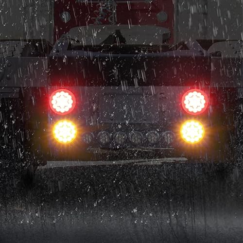 Miniatura 6 de Partsam Juego de 2 luces traseras redondas rojas de 4 pulgadas a luces estroboscópicas ámbar, 19 diodos con biseles cromados y coletas de cable de 3