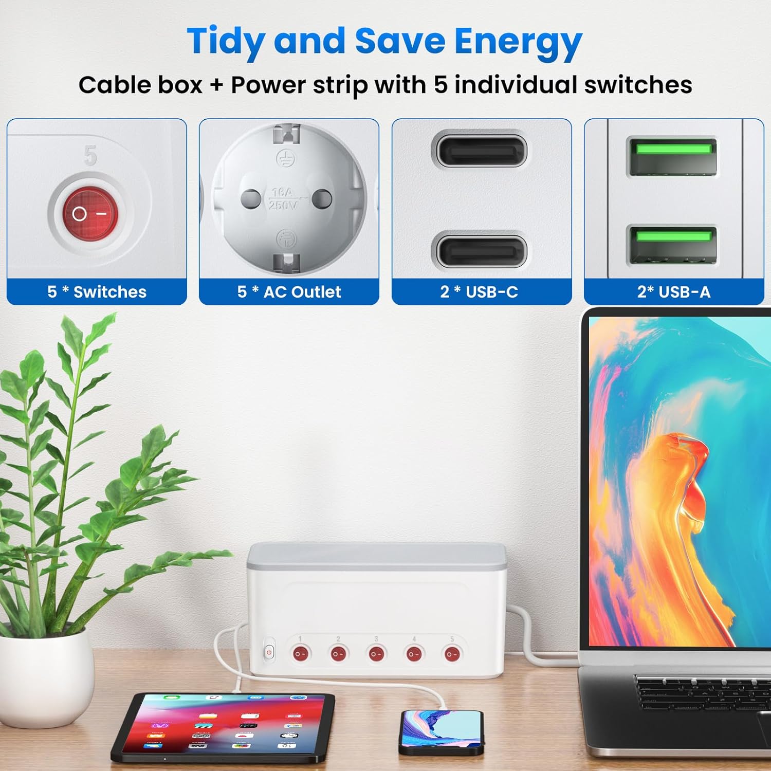Boîte Rangement câbles Multiprise 5 Interrupteurs Individuels - Sécurité et Organisation Pratique - Image secondaire