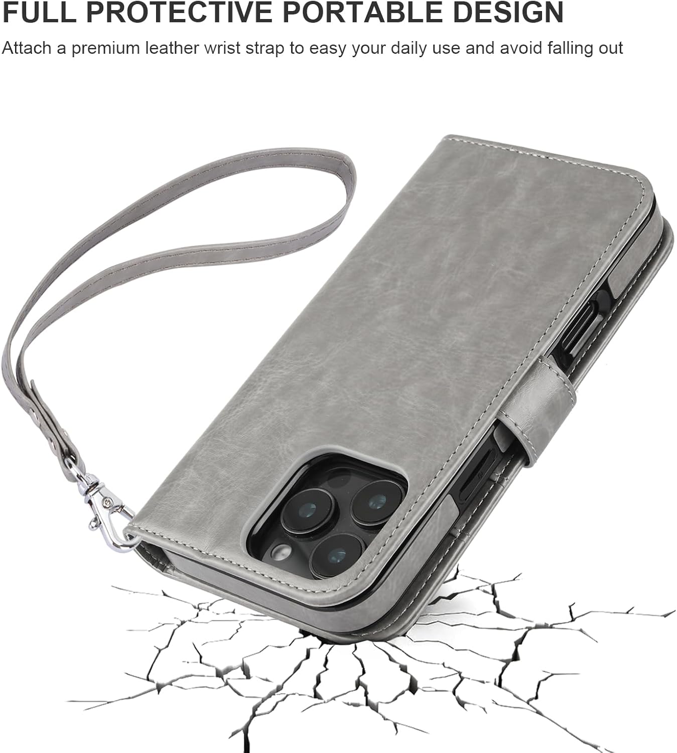 Bocasal for iPhone 16 Pro Max Wallet Case Compatible with MagSafe Wireless Charging, RFID Blocking Magnetic Leather Case with Card Slots Holder Kickstand Detachable Wrist Strap 6.9 Inch (Grey)