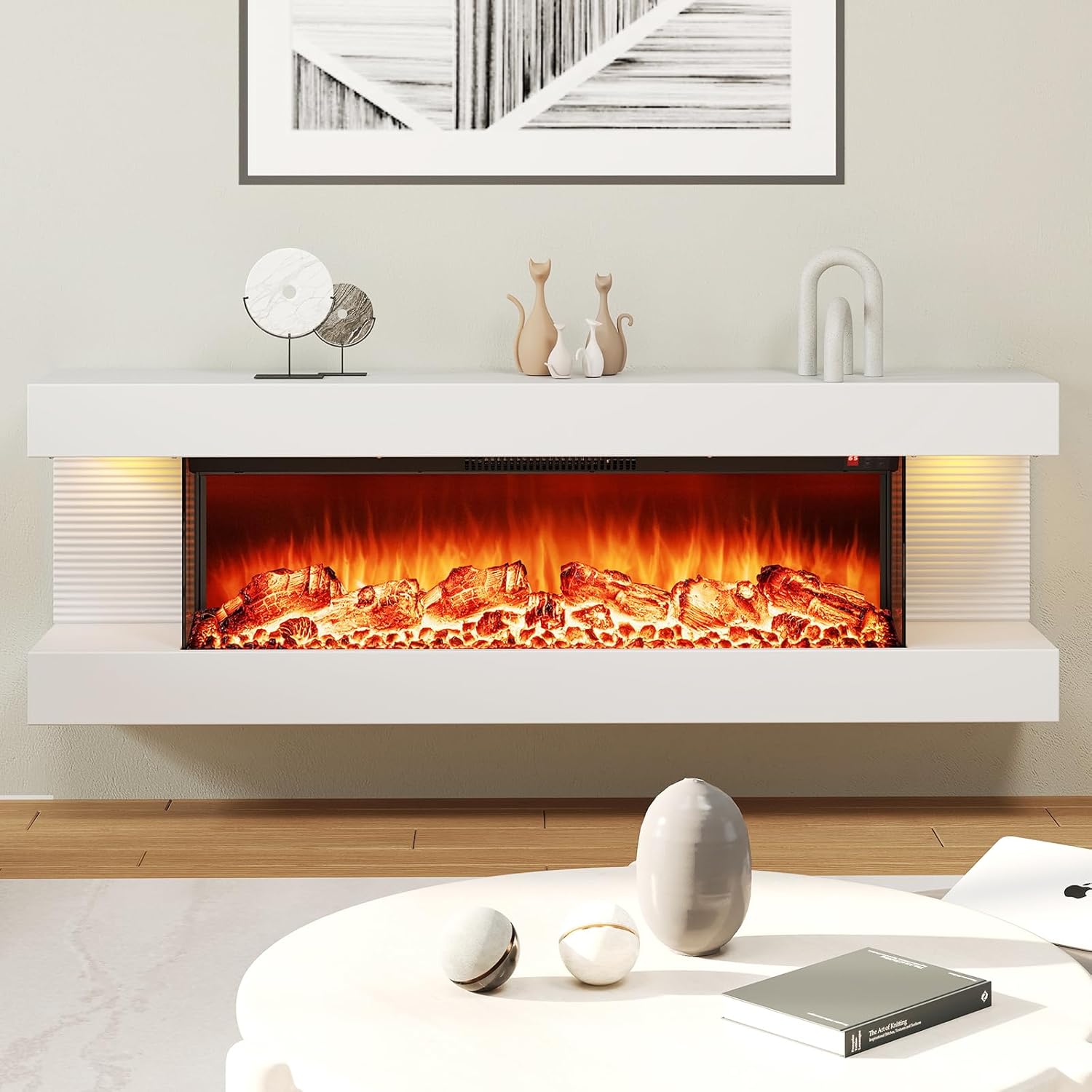 COSTWAY 3-Sided View Electric Fireplace with Floating Mantel 50-inch Wide, 750/1500W Wall Mount 36-inch Fireplace with Remote Control, 12-Color Dimmable Flame & Ambient Light, 8H Timer, White