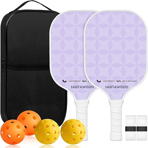 Juego de 2 palas de pickleball de fibra de vidrio, 2 raquetas de pickleball, 4 bolas, 2 agarres y 1 bolsa de transporte portátil, paquete de 2