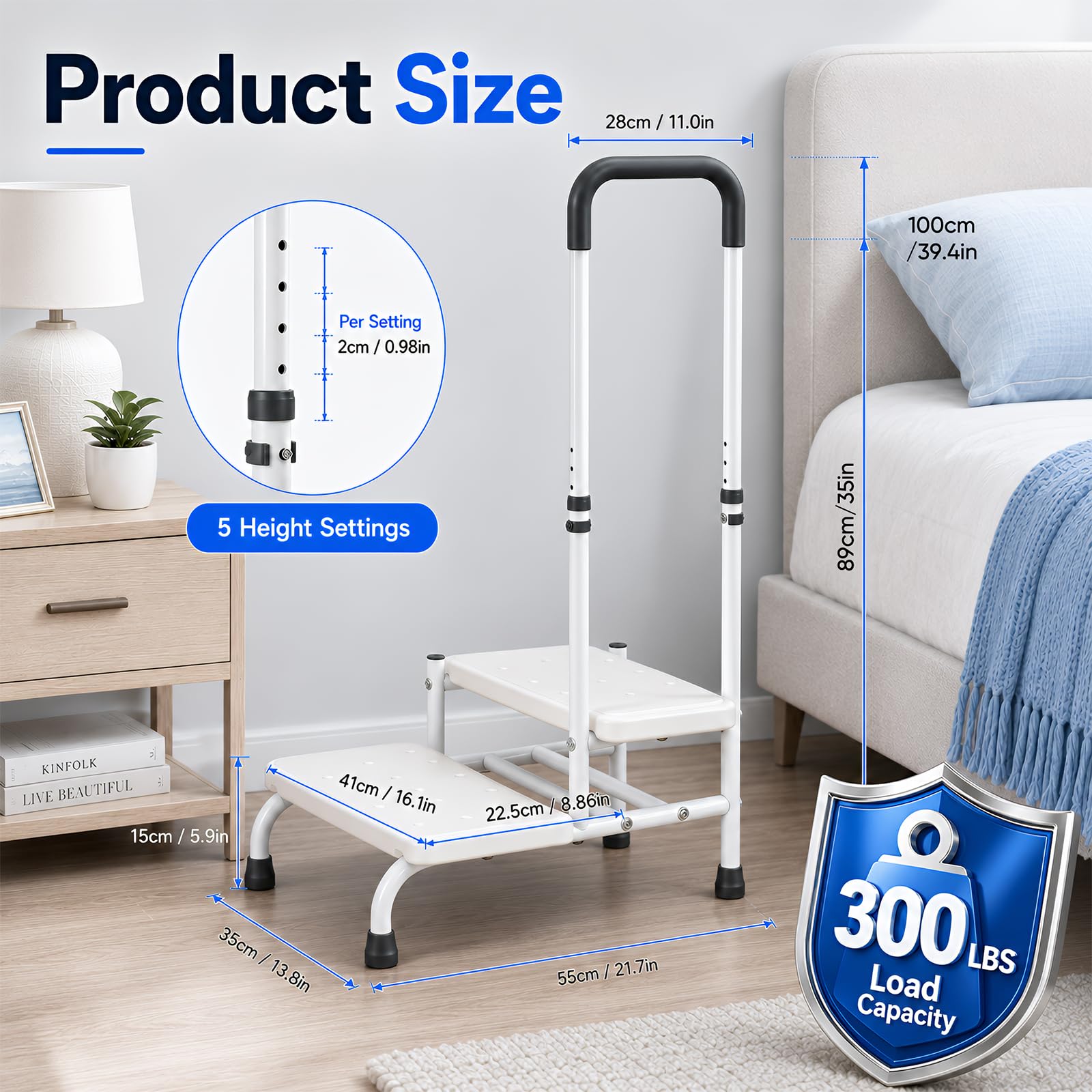 Taburete con asa, 2 niveles, ayuda para entrar en la bañera, antideslizante, hasta 200 kg, nivel de bañera estable para personas mayores y discapacitados, superficie antideslizante para baño, cama y