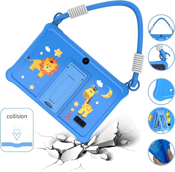 Close-up view of the GOZZGEAR Android 13 Kids Tablet showing its protective blue casing and 7-inch screen.
