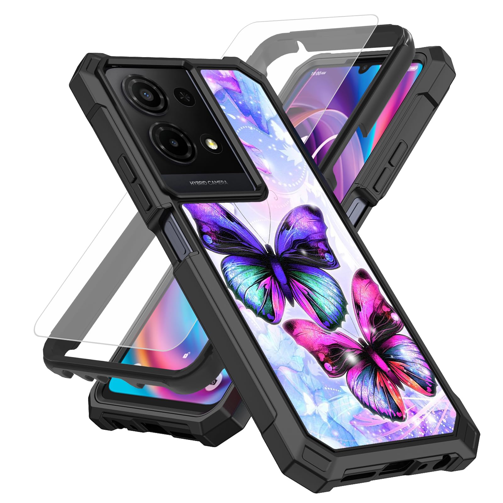 SDDFRHGH for TCL K32 5G Phone Case with Screen Protector (Tempered Glass),SlimTPU Rugged Corners Bumper Cover for TCL K32 5G 6.75"- Purple Butterfly
