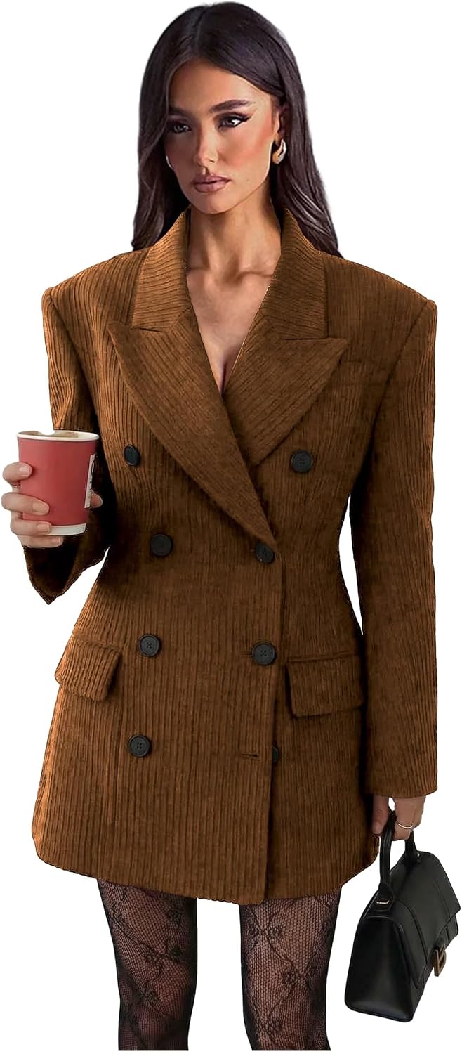 Corduroy Blazer Dress for Women Sexy Elegant Peak Lapel Double Breasted Blazer Dress Long Sleeves Party Suit Dresses