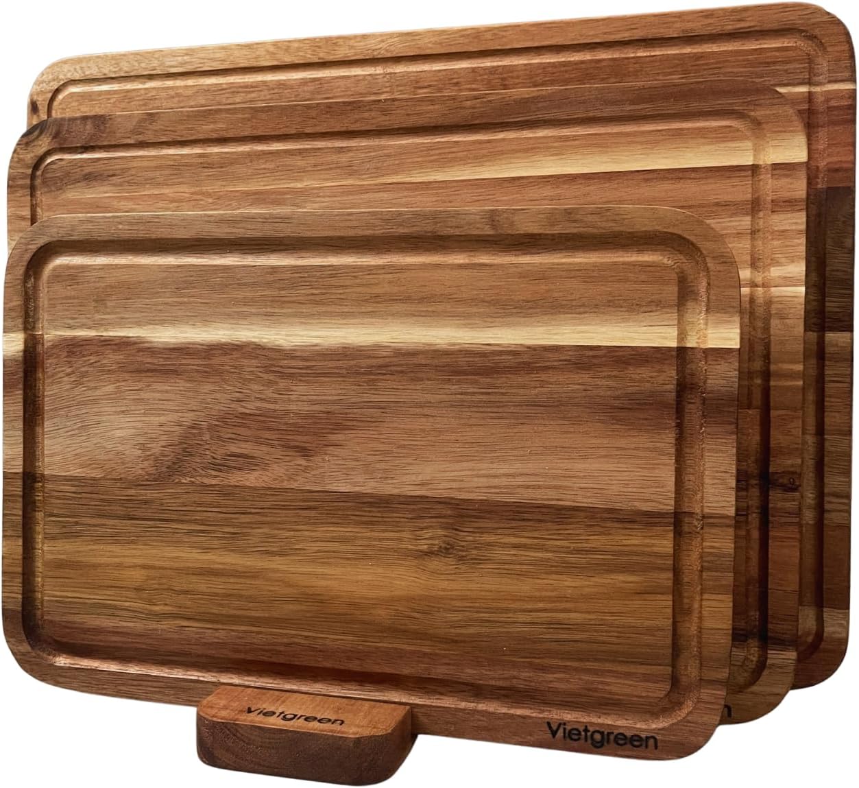 Acacia Wood Cutting Board Set of 3 with Holder, 0.8" Thick Wooden Cutting Boards for Kitchen, Multi-Purpose Use Charcuterie Board withJuice Grooves and Handle, 16x12, 14x10, 12x8 inch