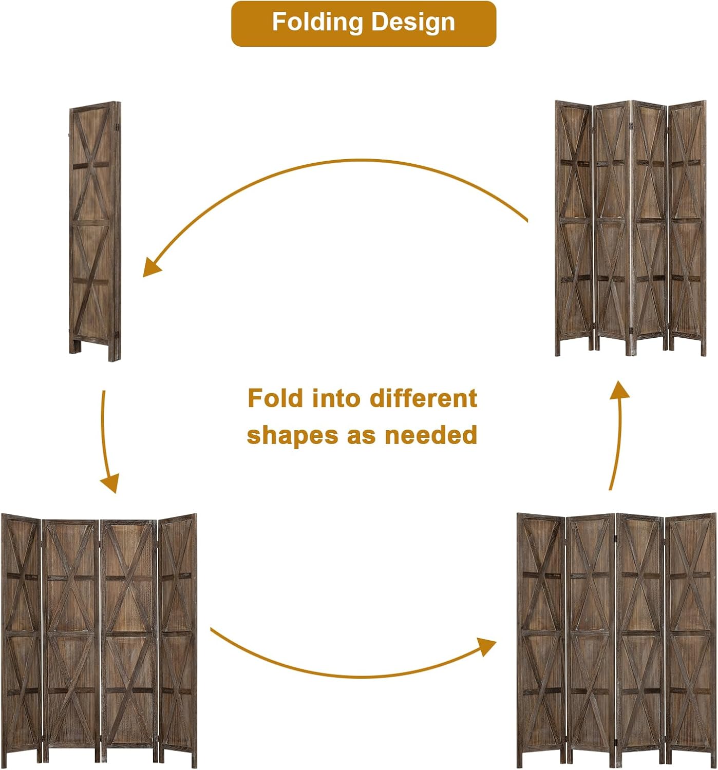 Salfanre 4-Panel Wood Room Divider Screen - 5.6 Ft Tall, Brown, Freestanding Folding Partition - View #4