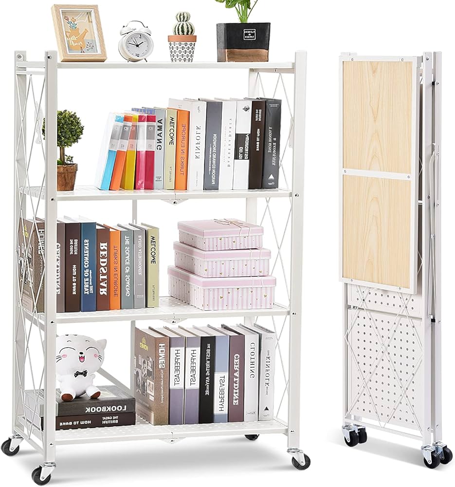 BRIAN & DANY Inklapbaar Rek met Wieltje, 4 Etages Opvouwbare Planken Voor Zware Laste, Metalen Planken Zijn Geschikt voor Woonkamers Keukens Kantoren, 71 x 34 x 126 cm, Wit BRIAN & DANY Inklapbaar Rek met Wieltje, 4 Etages Opvouwbare Planken Voor Zware Laste, Metalen Planken Zijn Geschikt voor Woonkamers Keukens Kantoren, 71 x 34 x 126 cm, Wit