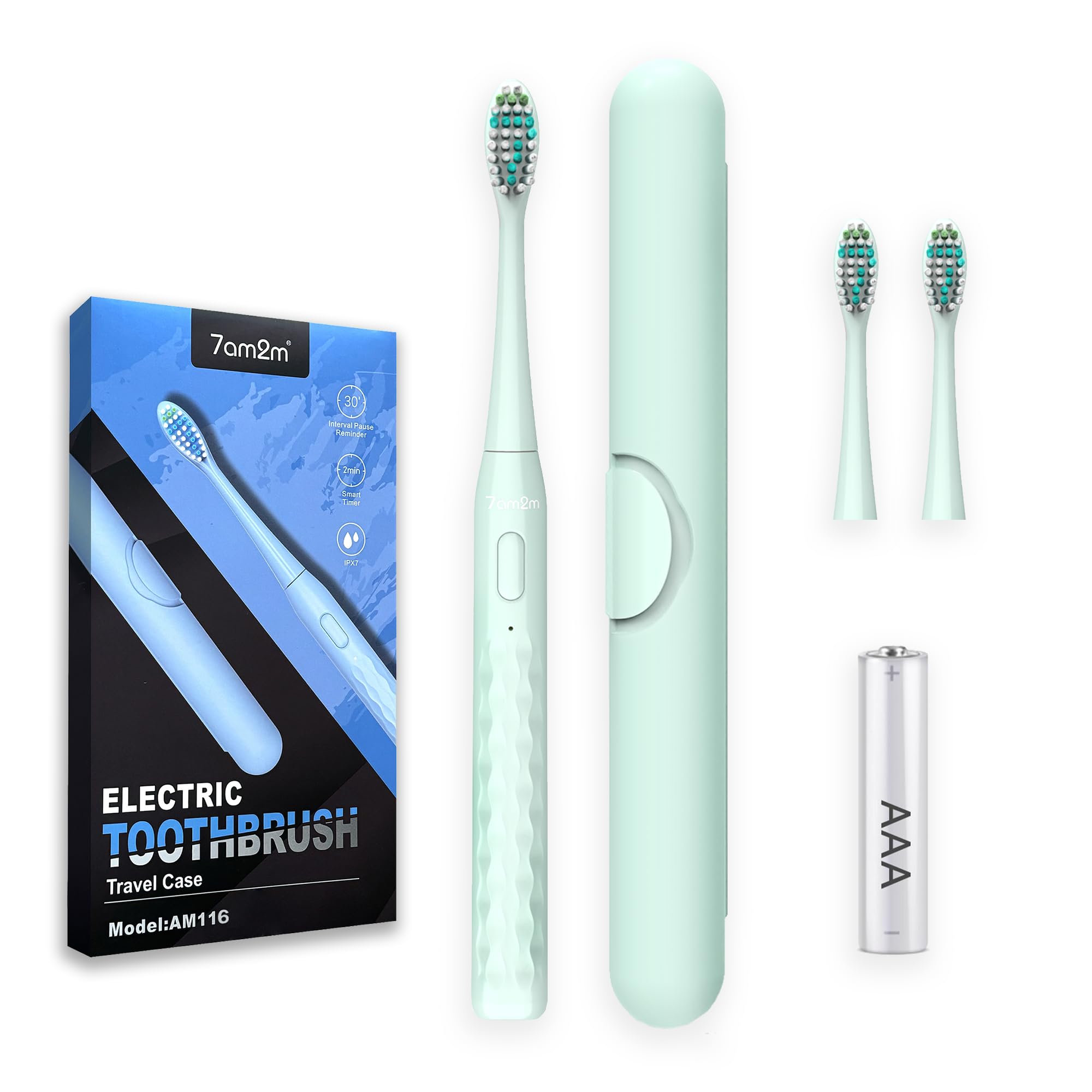7AM2M Sonic Travel Electric Toothbrush for Adults &amp; Kids, Travel Case&amp;2 Brush Heads, Battery Powered Sonic Toothbrush, Compact Design for Daily/Travel Use-Green