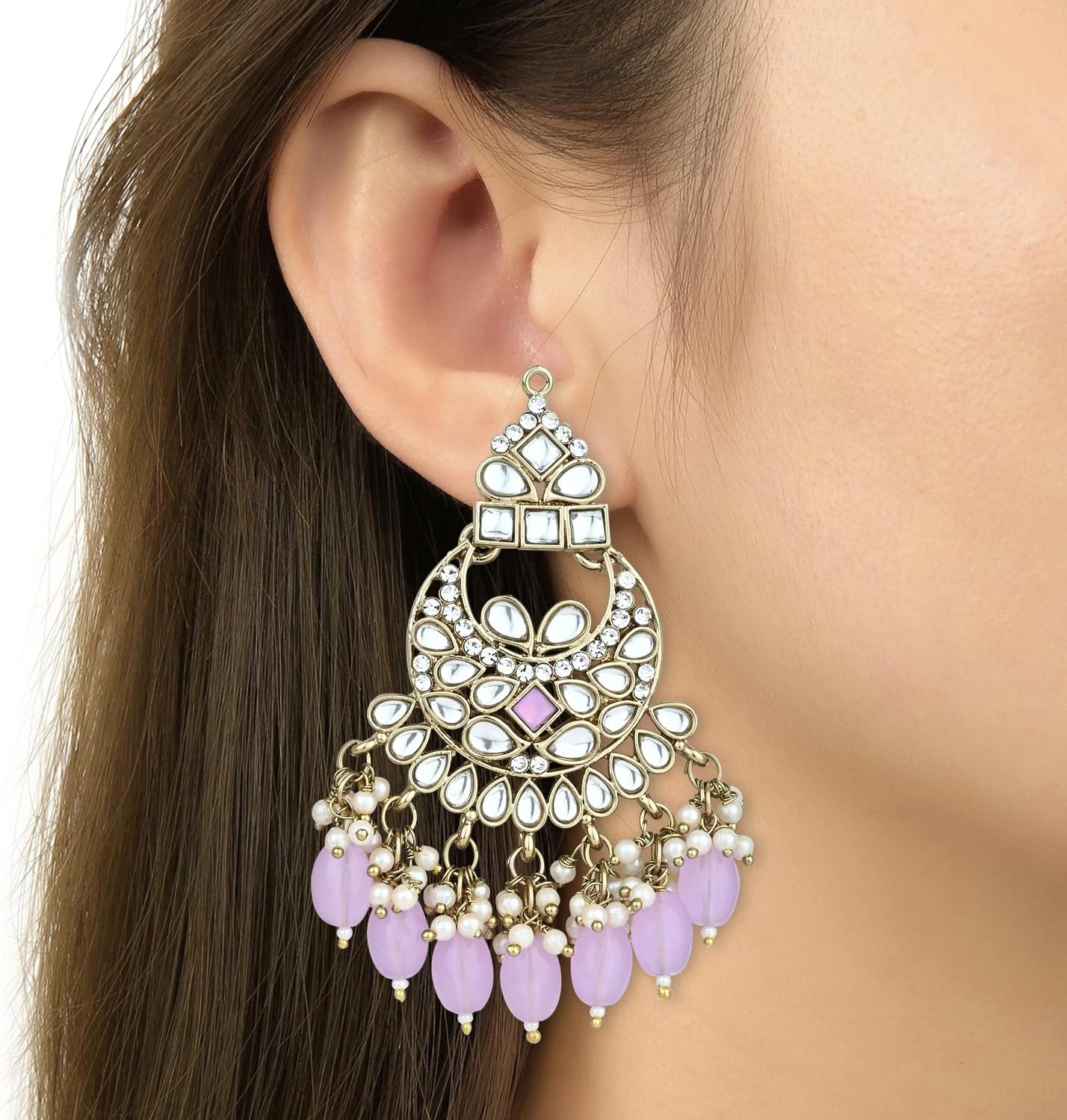 I Jewels Gold Plated Indian Wedding Bollywood Kundan Pearl Chandbali Earrings For Women