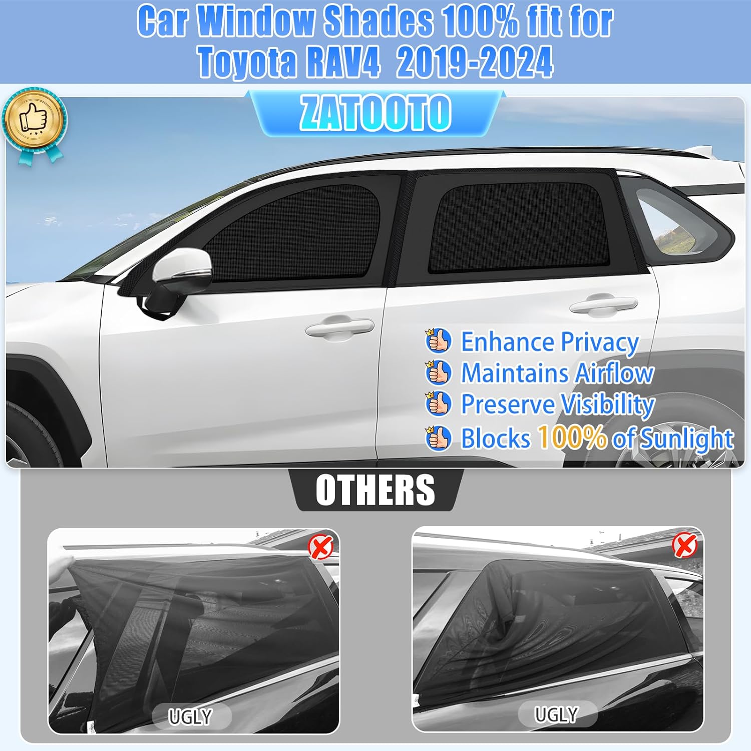 ZATOOTO Car Window Shades for 2019-2024 Toyota RAV4, Double Layer Car Window Covers with Zipper for Airflow & Privacy Toyota RAV4 Side Window Sun Shade Window Screen with Storage Bag for Camping