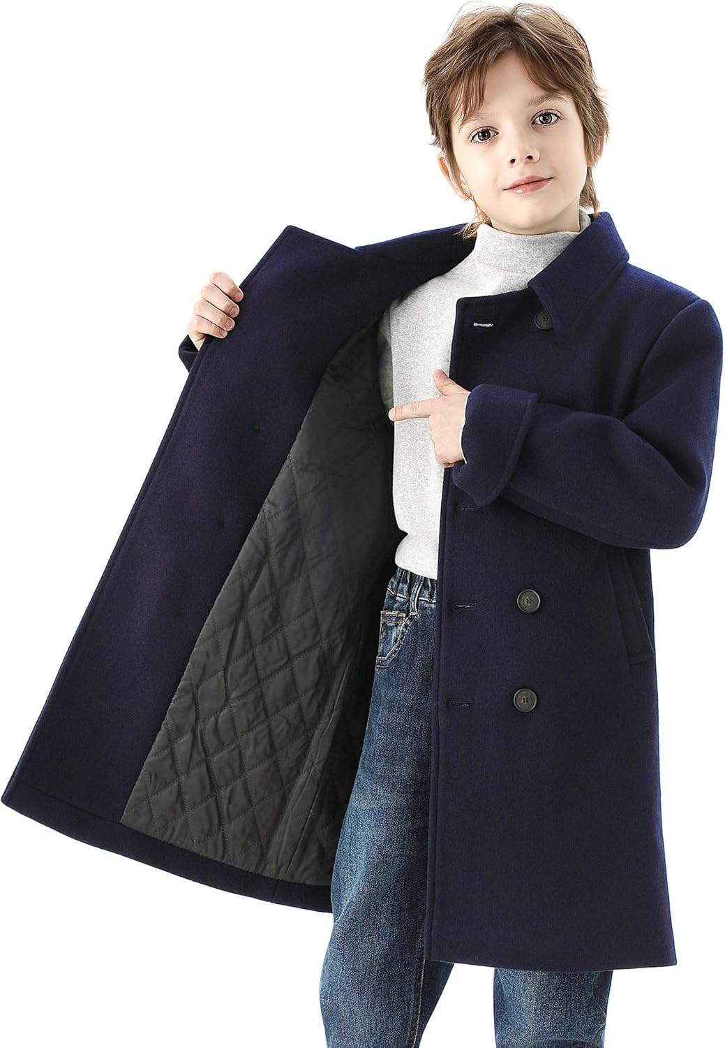 WULFUL Boys Double Breasted Wool Trench Coat Winter Pea Coat