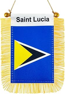 Saint Lucia Hanging Flag Mini Small St. Lucia Car Window Flags Banners Rearview Mirror Décor St. Lucia Flags with Suction Cup Golden Fringed Double Sided 3 X 5 Inch