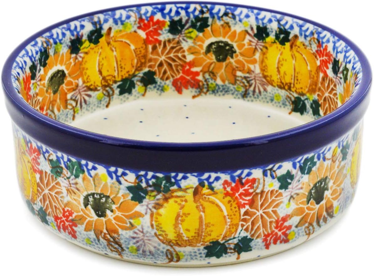 Polmedia Polish Pottery Bowl 6-inch UNIKAT - Autumn Falling Leaves Pattern Handmade in Boleslawiec Poland by Ceramika Artystyczna + Certificate of Authenticity