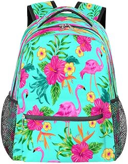 Mochilas para meninos e meninas, mochila escolar com vários bolsos, flor de flamingo colorida, impermeável, com alça de ombro ajustável para viagens, caminhadas, acampamento, Multi, Medium, Mochilas Daypack