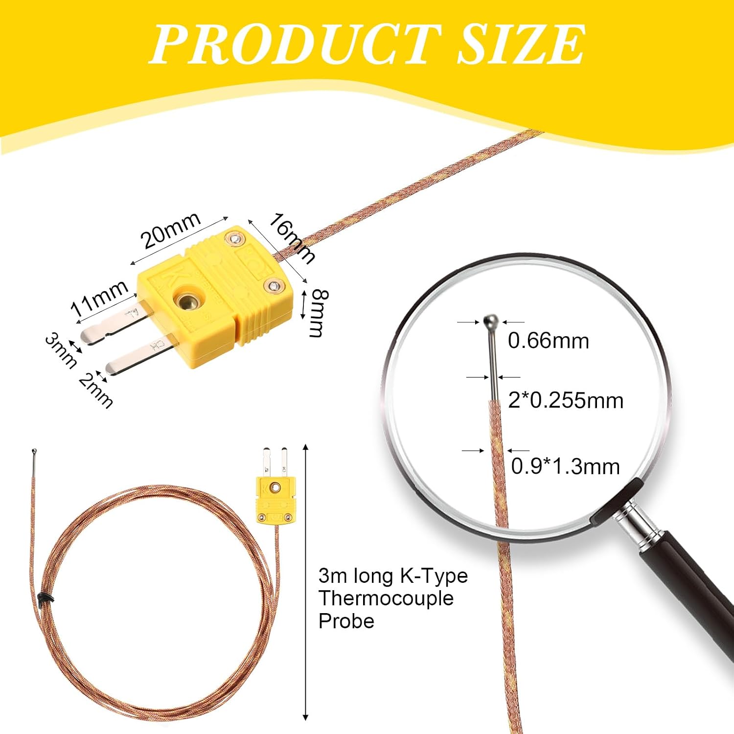 Tellegloww 3 Pieces K Type Thermocouple Probe K Type Sensor Mini Connector Temperature Probe Thermocouple Sensor, 3 Meters Long for Meter in Temperature Range from -50°C to 482 °C (-58°F to 899°F)