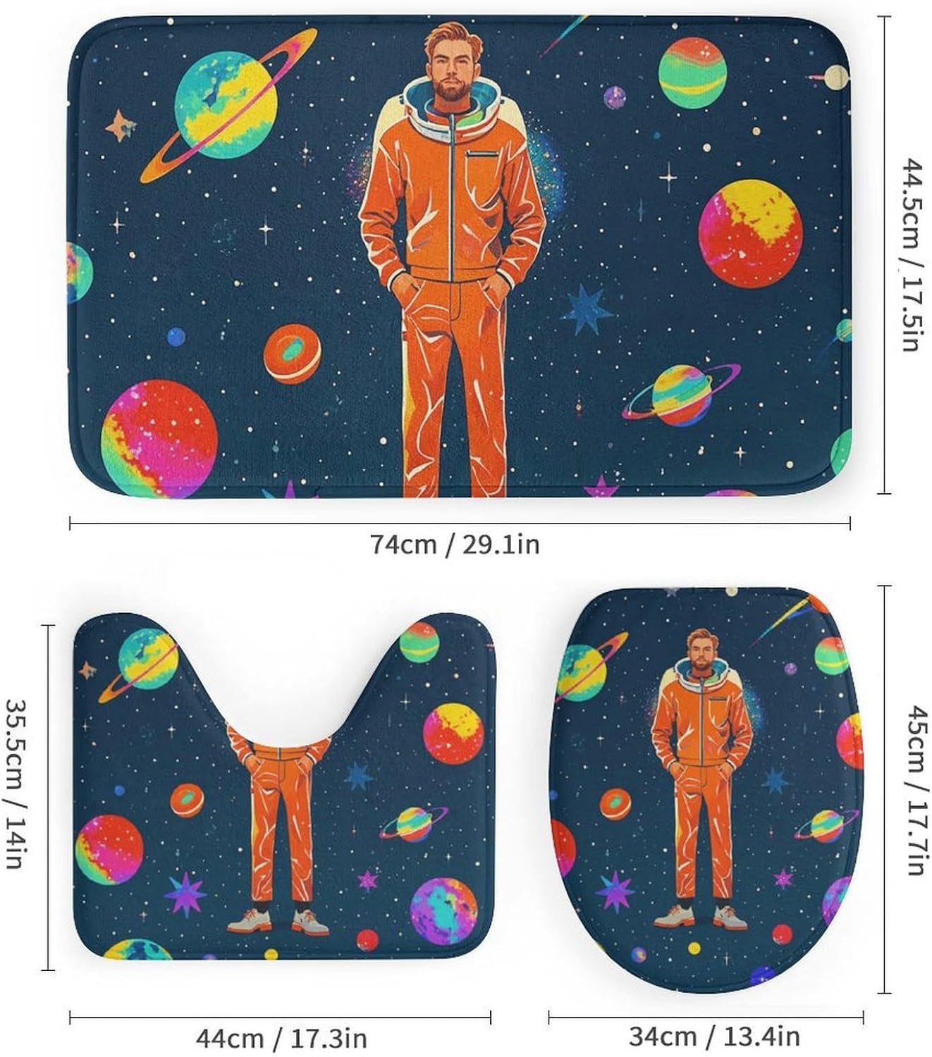 Cool Man in Outer Space Galaxy Shower Curtain Set 4 Piece, Non-Slip Bath Mat with Toilet Lid Cover and Waterproof Shower Curtain with 12 Hooks, Complete Bathroom Set for Home Decor