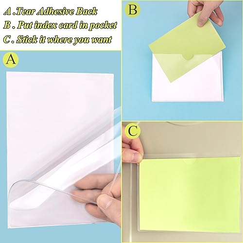 Vista 15 de Antner Paquete de 52 bolsillos autoadhesivos para tarjetas de índice para tarjetas de 3 x 5 pulgadas, soportes de plástico transparente abiertos