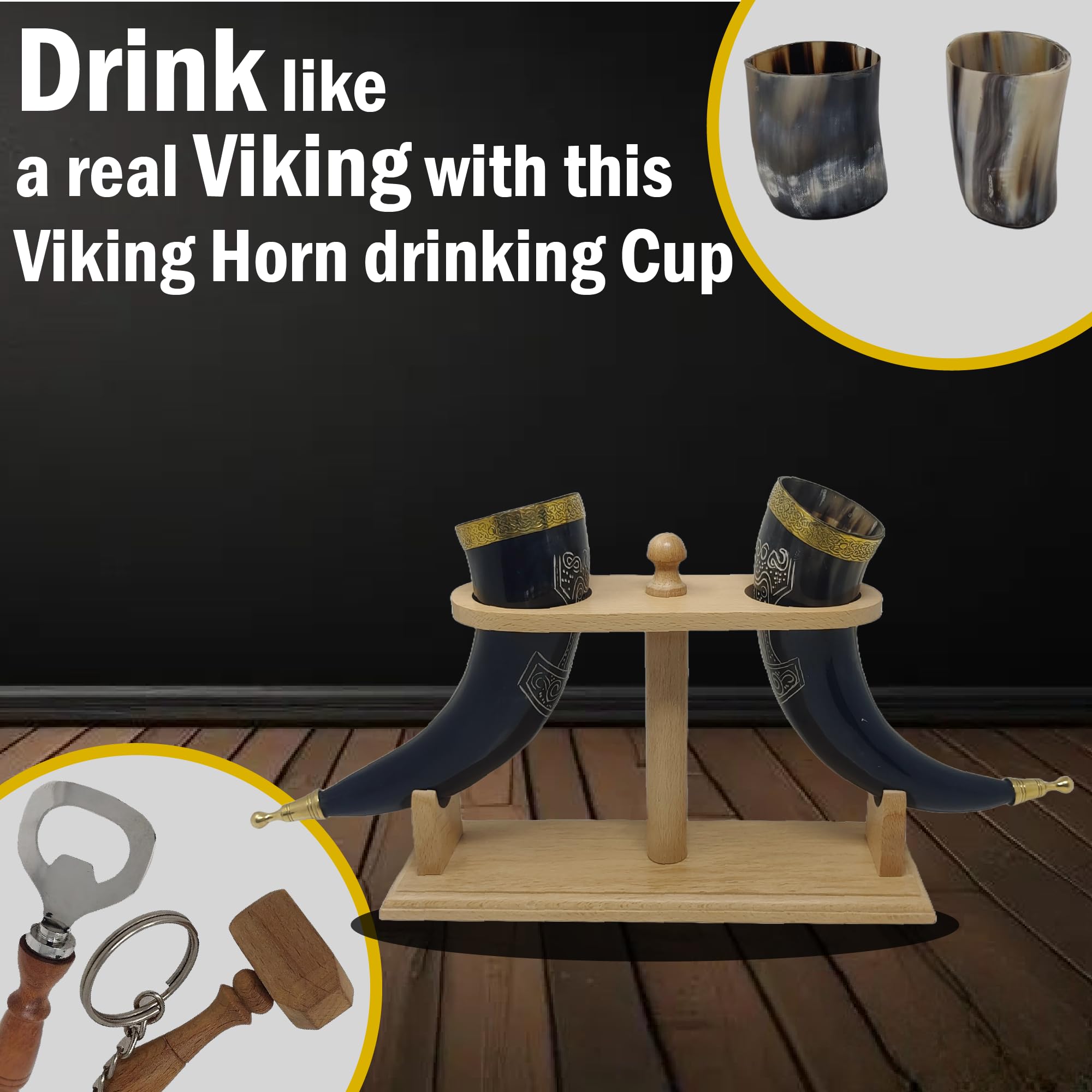 Viking róg wołu do picia, kufel lub kubek na ale, piwo, miód pitny, wino, kieliszek do szotów, otwieracz do butelek, w 100% szczelny, naturalny i ręcznie robiony, oferty zbiorcze (2 rogi ze stojakiem na drewno)