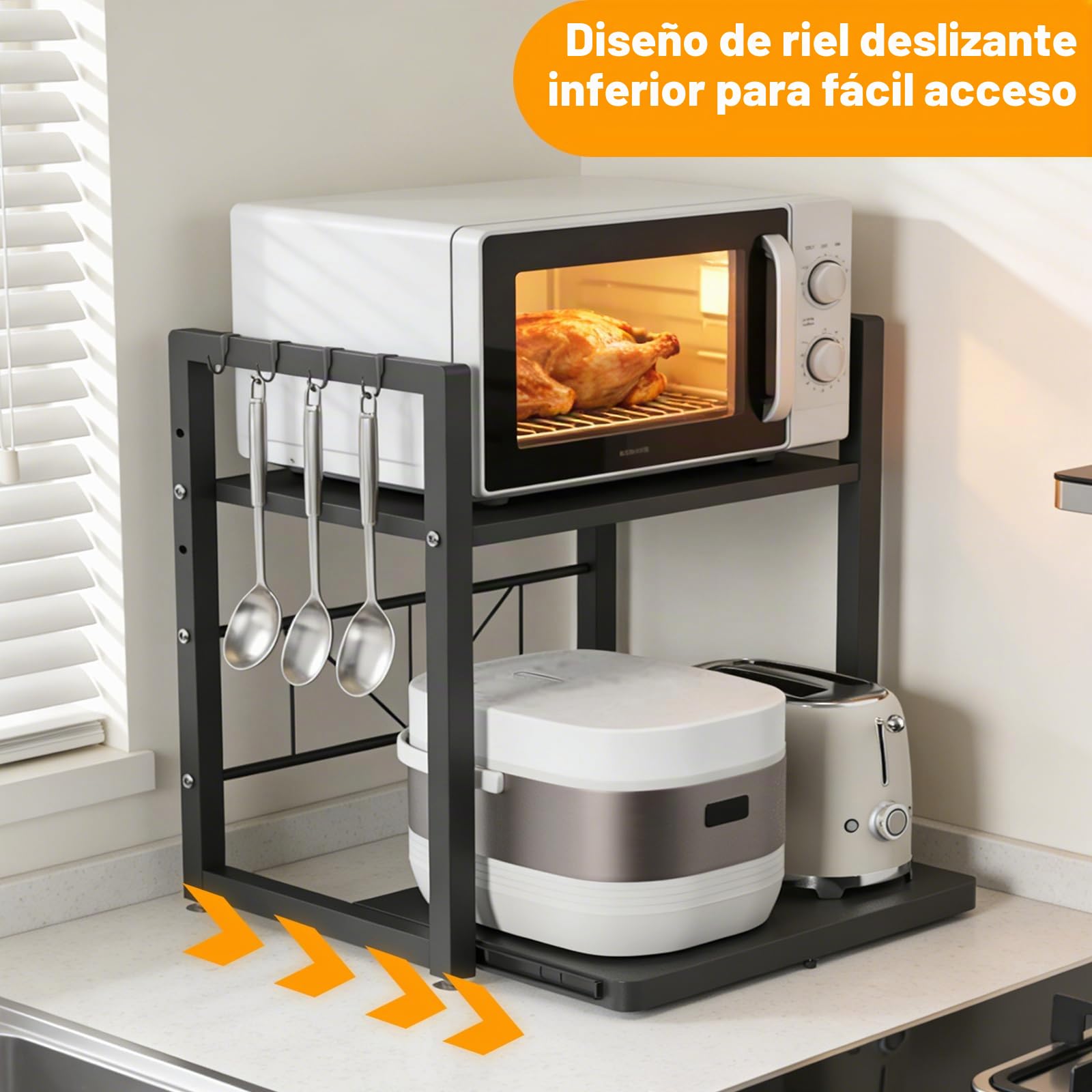Soporte Microondas Estante 2 Niveles con Cajón, Ajustable 37/55 cm | Luz Espejo Baño LED con Interruptor, 4000K Luz Neutra para Maquillaje, Afeitado y Cuidado Diario Frente al Espejo