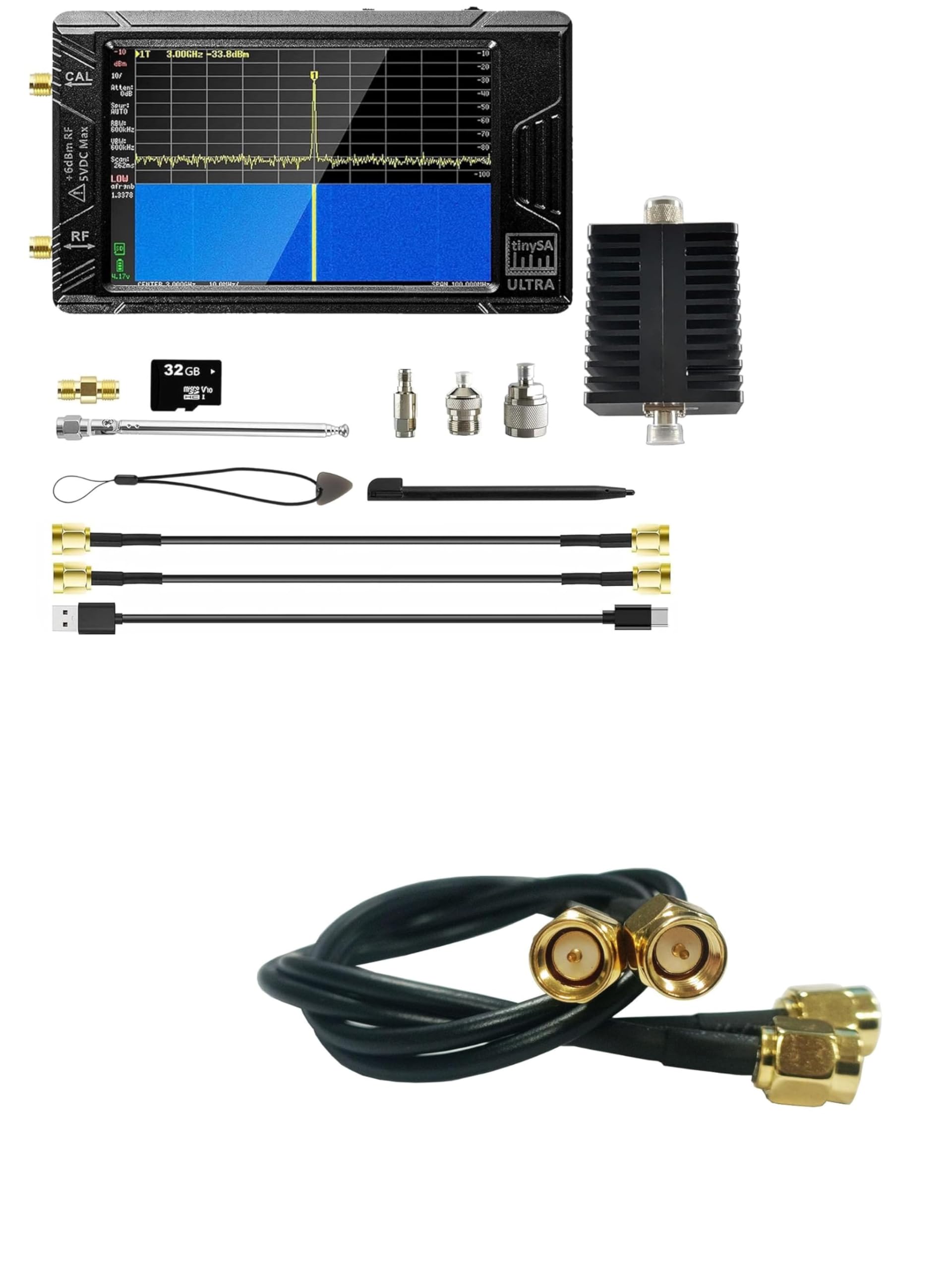 AURSINC 4inch TinySA Ultra Spectrum Analyzer with Attenuator&2PCS SMA Male to Male Coax Cable
