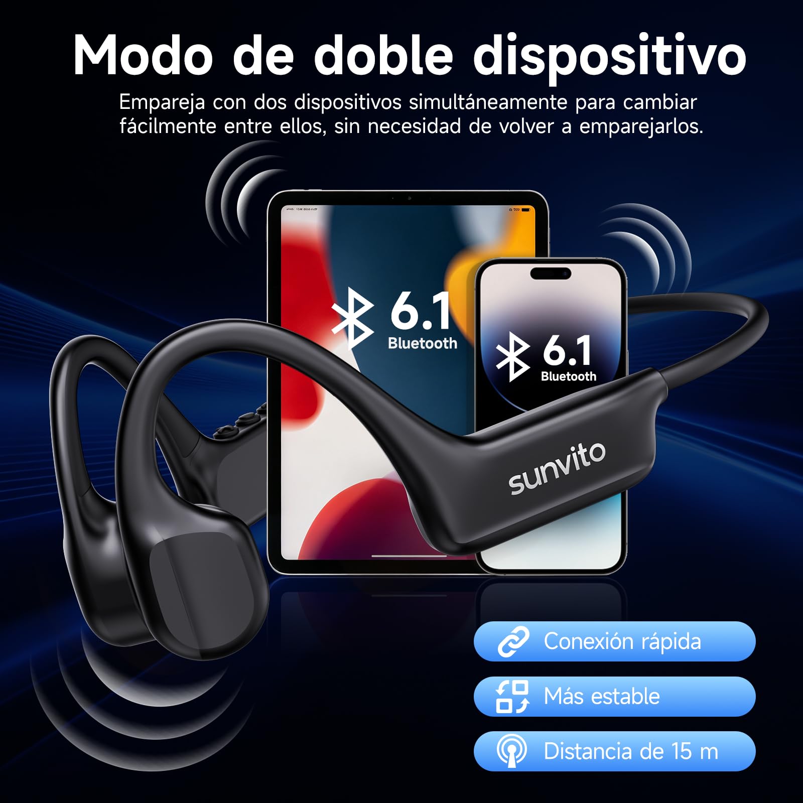 Auriculares Conduccion Osea Bluetooth 6.1 – Cascos Conduccion Osea Inalambricos con Micrófono, IPX7 Resistente al Agua Auriculares Oseos para Running Ciclismo Fitness