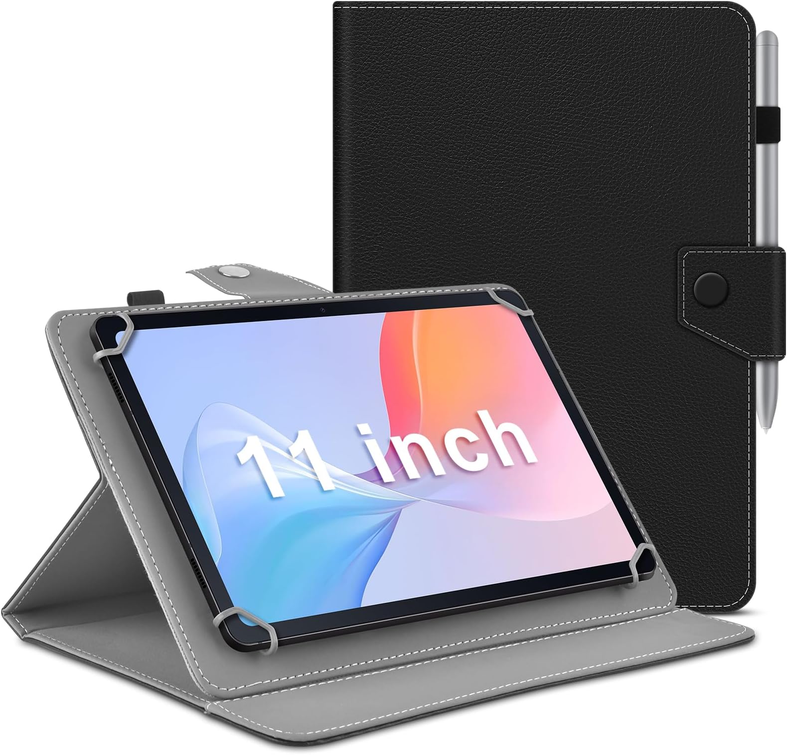 DETUOSI ユニバーサル11インチタブレットケース、11インチタブレットカバー、トラベルポータブル保護フォリオPUレザースタンドシェルケース(固定リング4個付き)すべての11-12インチのAndroid/iOS/Windowsタブレット用