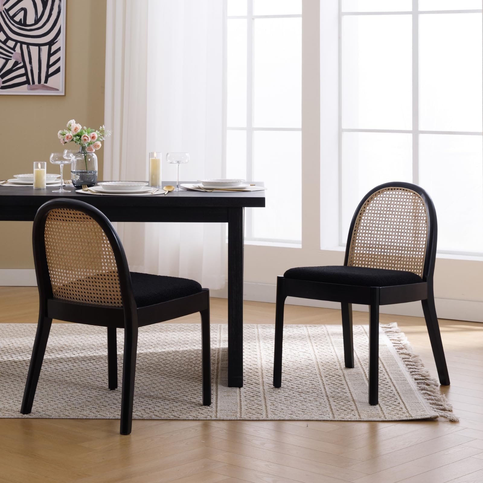 Ya-Home Mid Century Dining Chairs Set of 2, Accent Rattan Sherpa Fabric Side Chairs Kitchen Chair with Solid Wooden Legs for Living Room Dining Room, Black