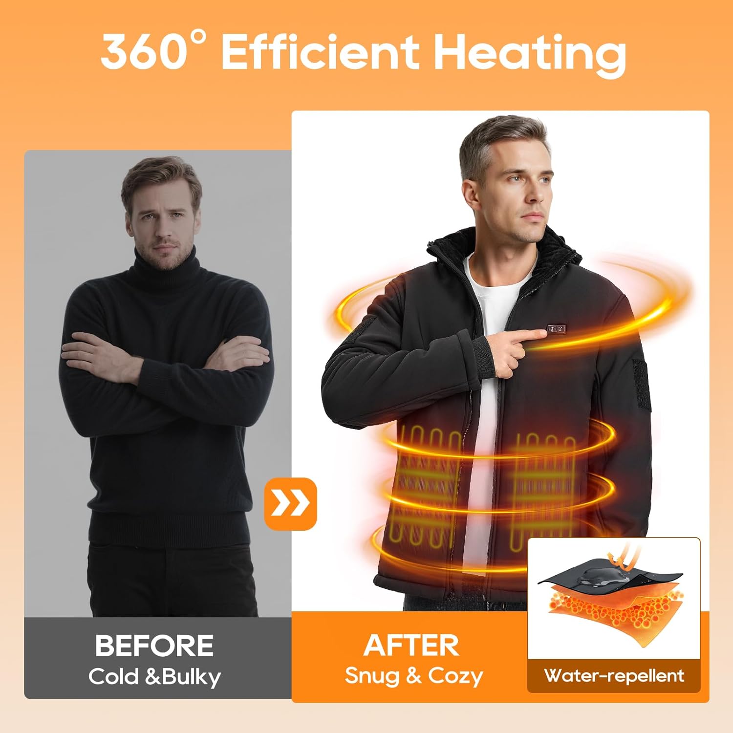 Heated Jacket for Men with 16000mAh Battery Pack, Windproof Soft Shell Electric Heating Coat with Detachable Hood - Image 5