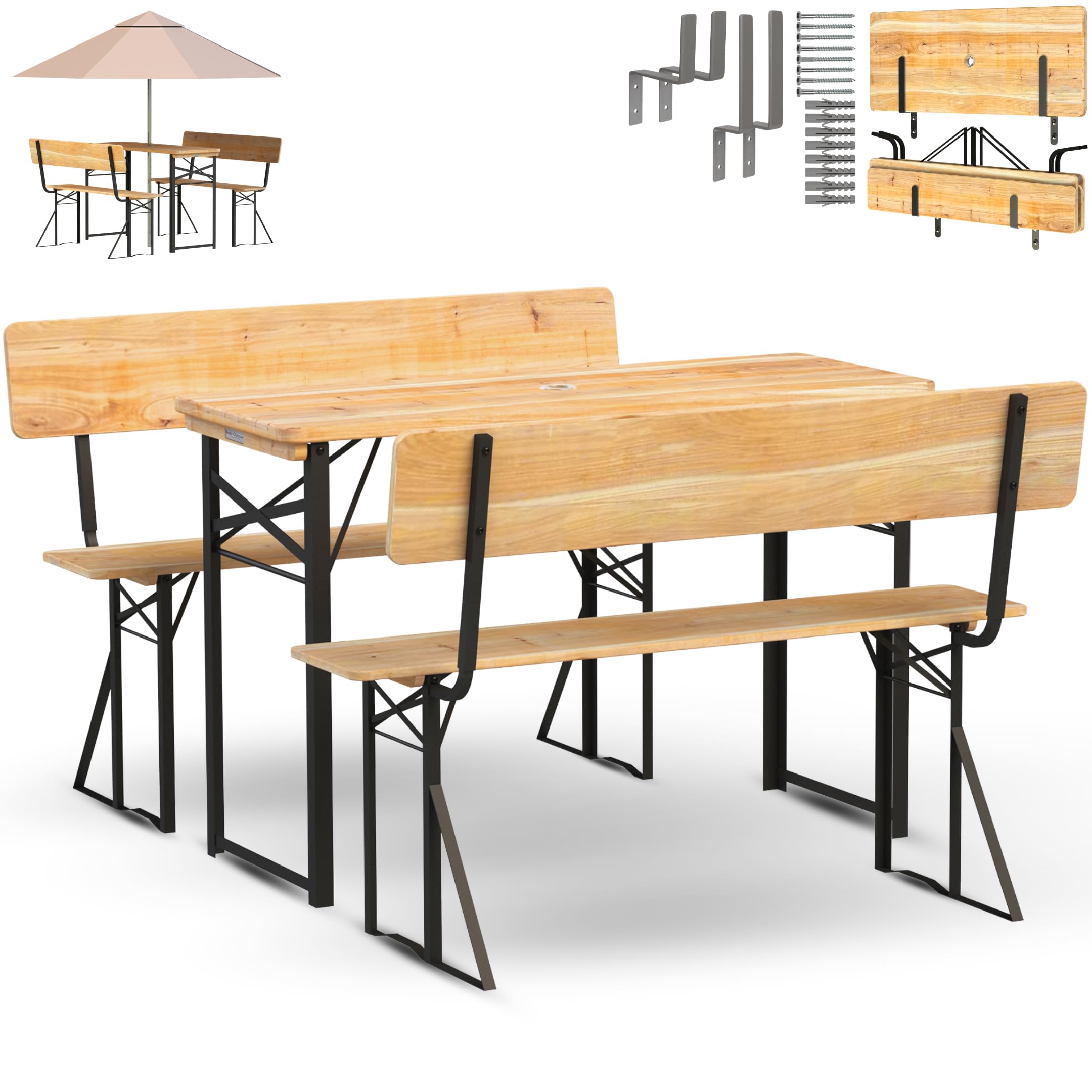 holz4home® Bierzeltgarnitur 3-teilig aus Holz mit Lehne I Bierbankgarnitur mit Tisch und 2 Bänken I Festzeltgarnitur mit Wandhalterung & Bodenheringe I Sitzgarnitur inkl. Flaschenöffner