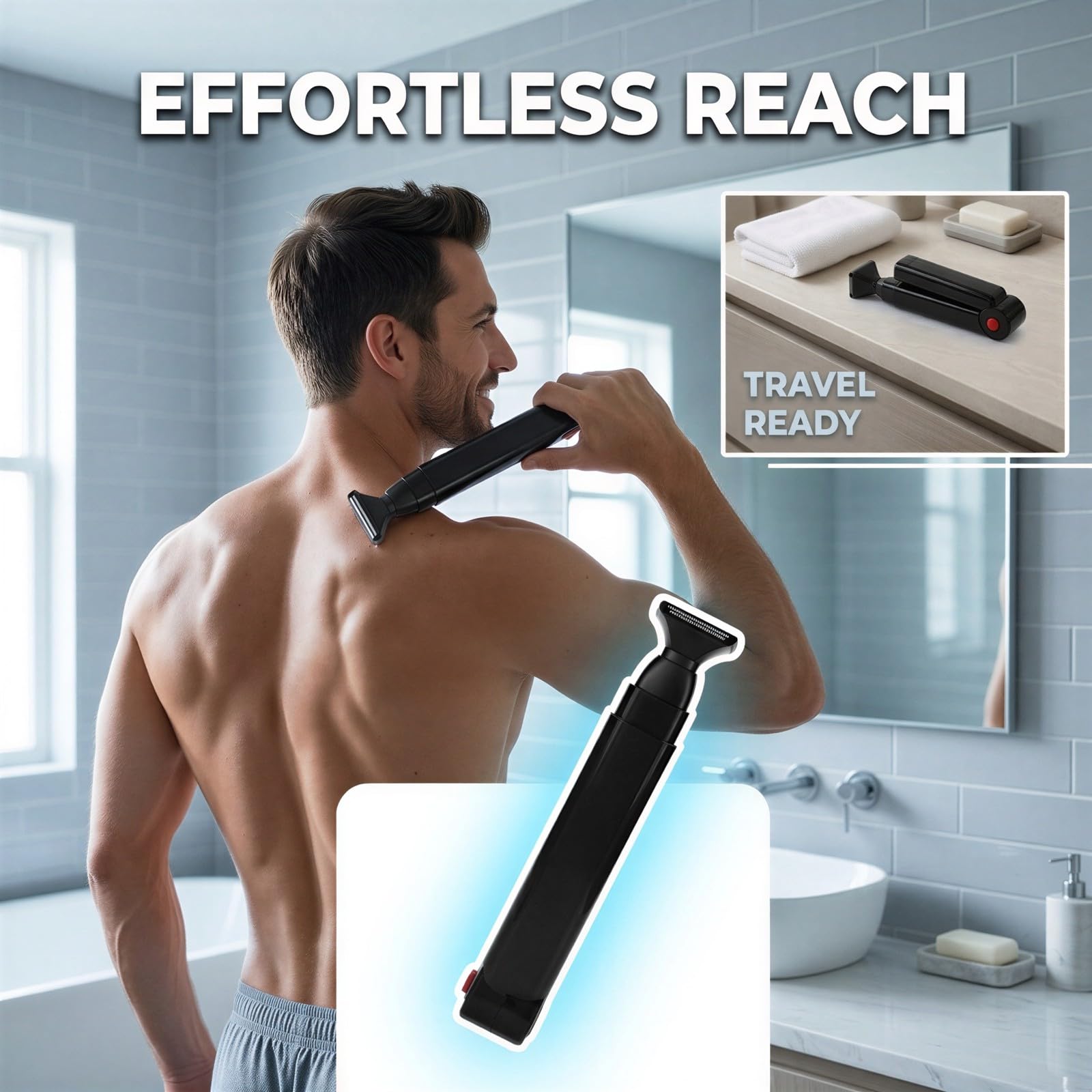 Rasoio elettrico per capelli da uomo, testa larga con rete antigraffio, ricaricabile tramite USB, design pieghevole con manico lungo, potenza 6500 giri/min, nero