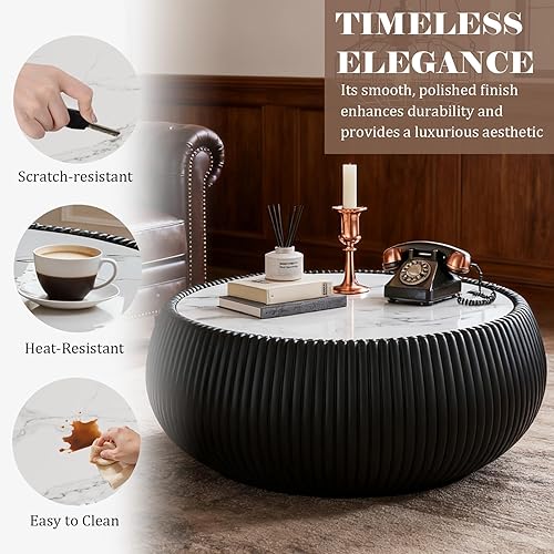 Miniatura 100 de Mesa auxiliar redonda moderna, mesa auxiliar de sofá de mármol sintético con base cubierta de cuero sintético en forma de cuenco, mesa auxiliar