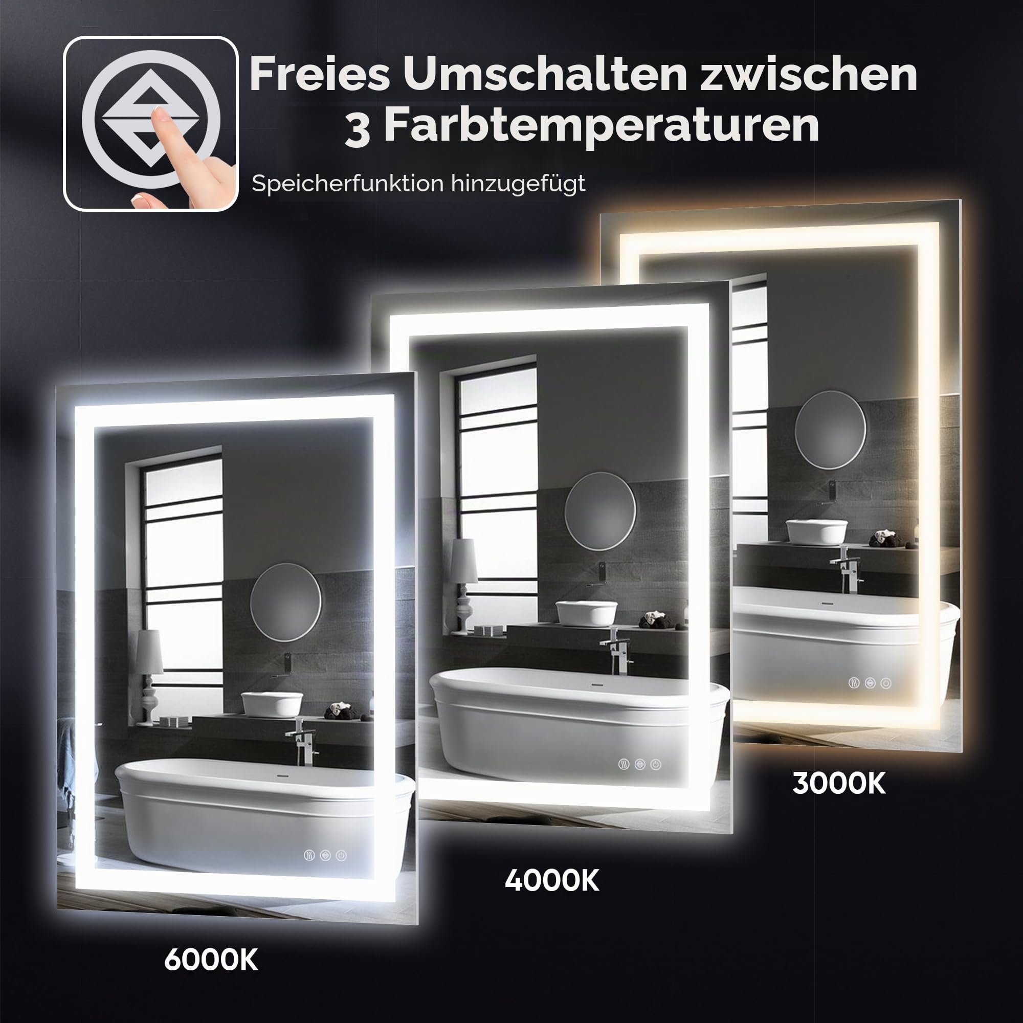 Antok 80x60cm LED Badezimmerspiegel mit Beleuchtung, dimmbarer beschlagfreier Smart-Spiegel mit 3 Farbtemperaturen, hohem CRI >90, Speicherfunktion, bruchsicherem Glas & ETL-Zertifizierung