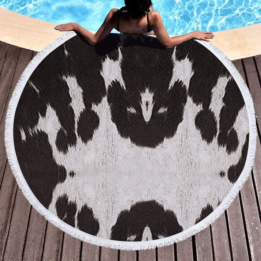 Round Beach Towel Blanket Microfiber Yoga Mat with Tassels Ultra Soft Super Water Absorbent Multi-Purpose Towel (Cow)