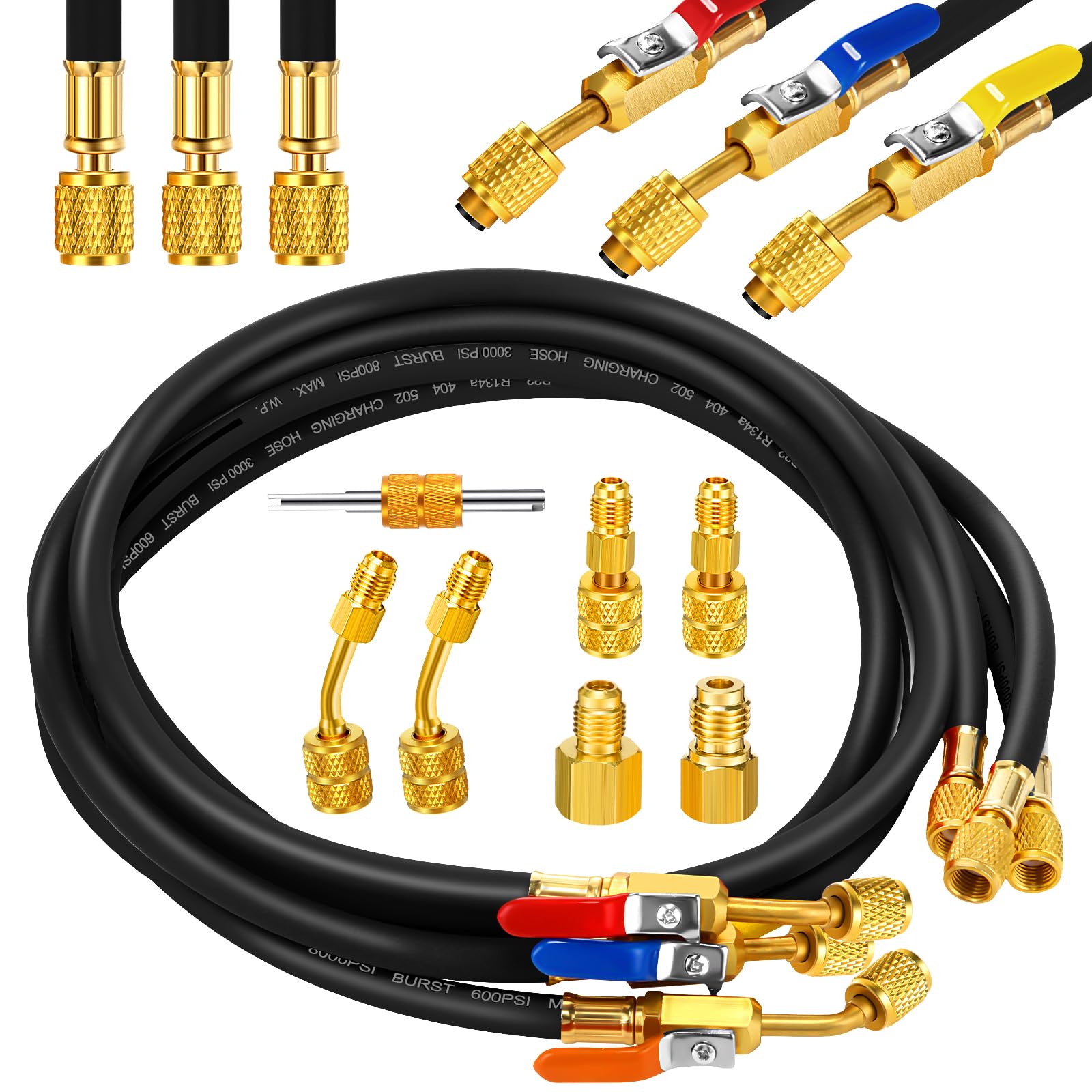 Innconee 10 Pcs 5FT AC Manifold Gauge Hose with R410A Mini Split Adapter Tank Adapter Refrigerant Charging Hose for R134A R410A R404A R12 R22 R502 R1234YF Refrigerants, R410A Fitting Adapter (Black)