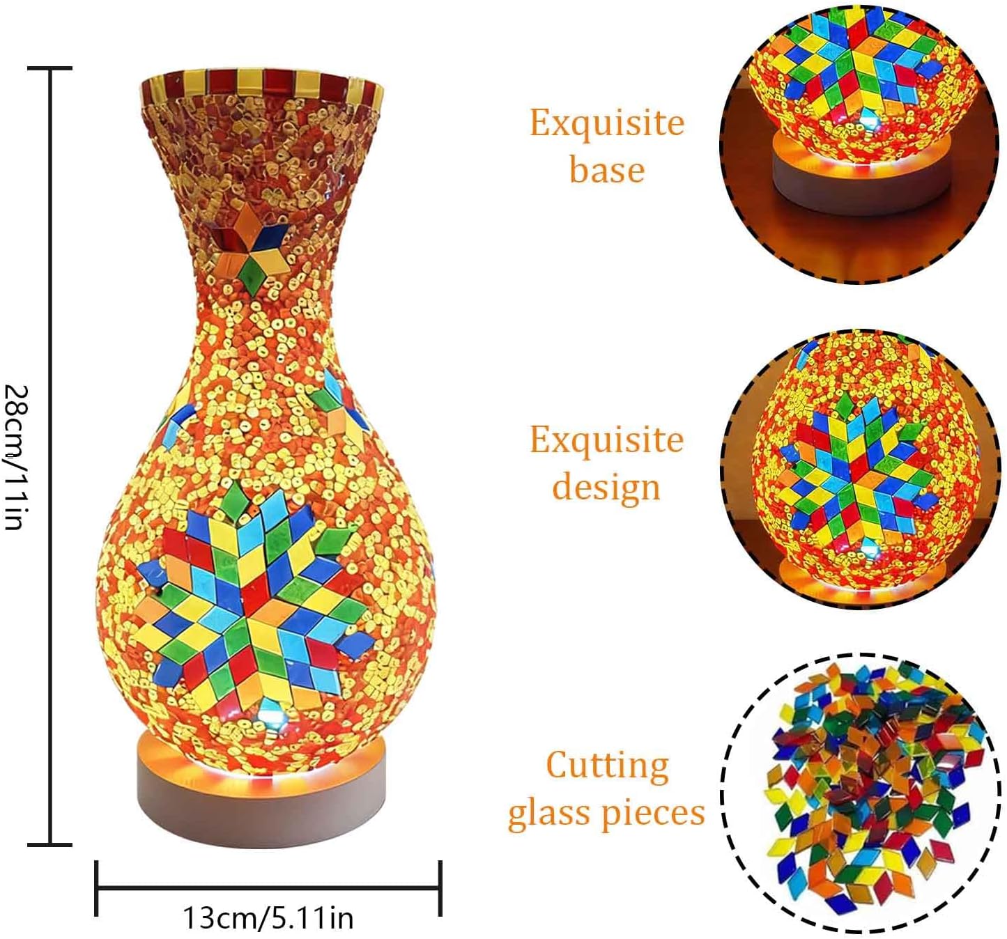 Mosaic Vase Lamp Turkish Moroccan Table Lamp Colorful Handmade Glass Vase with Wood Base Can be Arranged with Flowers Decor Light for Bedroom Ambient Living Room Farmhouse（5.11in*11in）