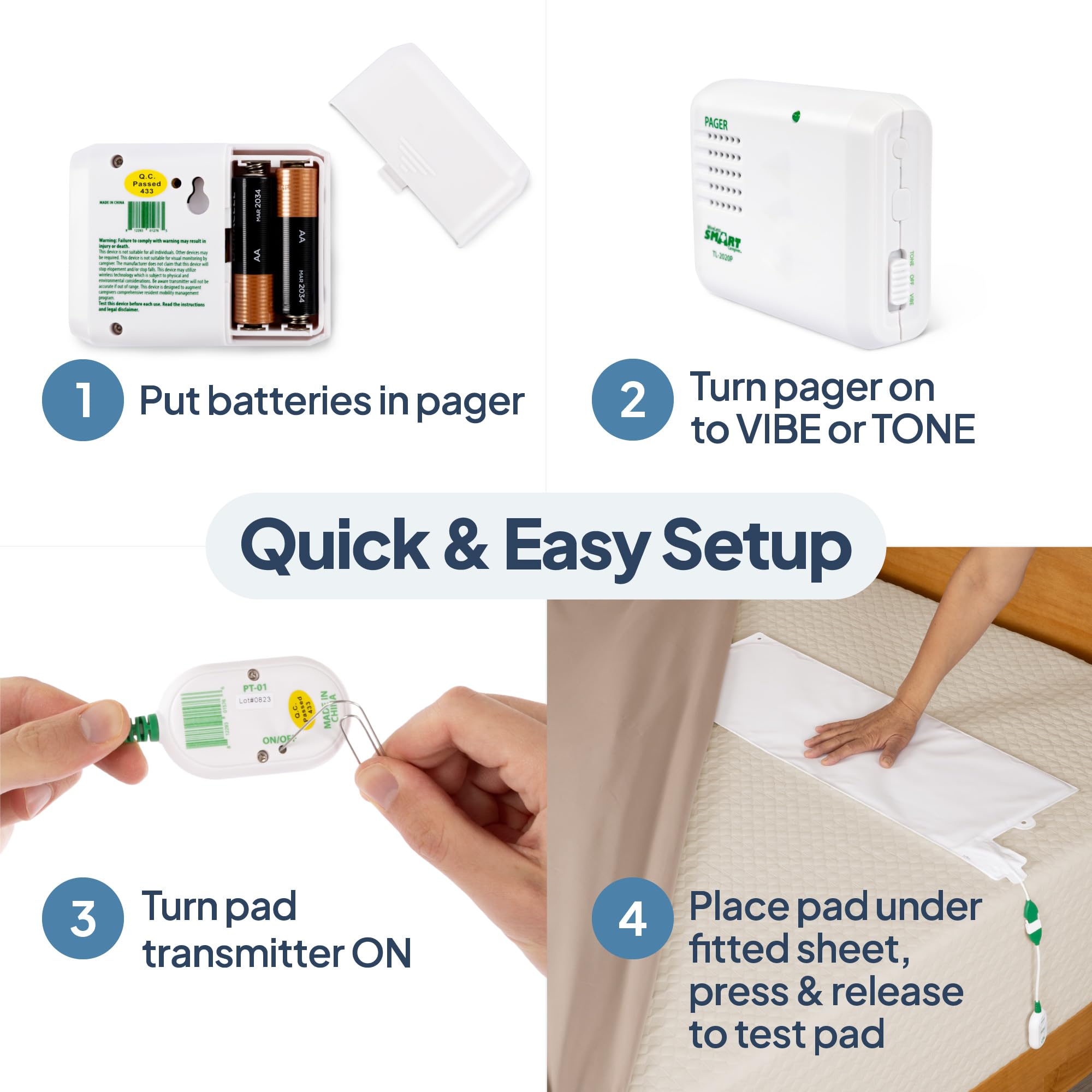 Smart Caregiver - Sistema de alarma inalámbrico para cama con sensor de peso y buscapersonas para prevención de caídas | Almohadilla de alarma de 10 x 30 pulgadas para alertas de cama, cuidador médico