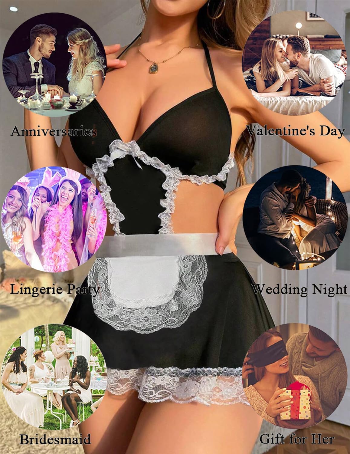 Women Sexy Maid Lingerie Cosplay Costume French Maid Themed Lace Halloween Roleplay Babydoll Fancy Outfit Set+Apron - Image 7