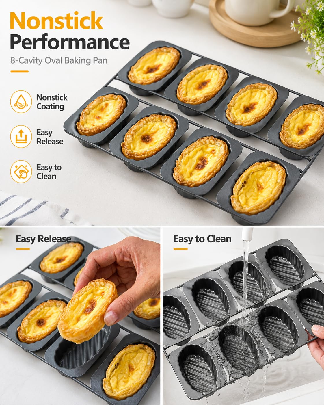 Paquete De 2 Sartenes Ovaladas Para Tarta De 8 Cavidades, Antiadherentes | Paquete de 2 / 8 Cavidades / Sartenes de Tarta Ovaladas / Antiadherentes / Acero al Carbono / Moldes para Hornear