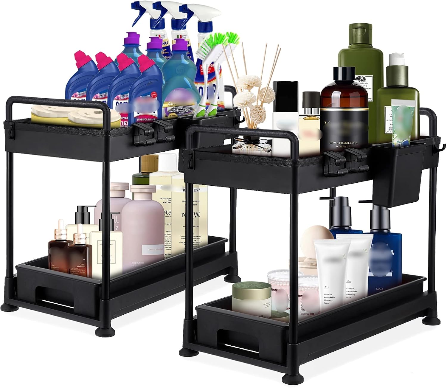 UBeesize 2 Pack Bathroom Organizer Basket Drawers, Slide Out Under Sink Cabinet Organizers and Storage for Bathroom Countertop Bathroom Sink Organizer with Hooks and Cups,Pull Out Under Sink Shelf