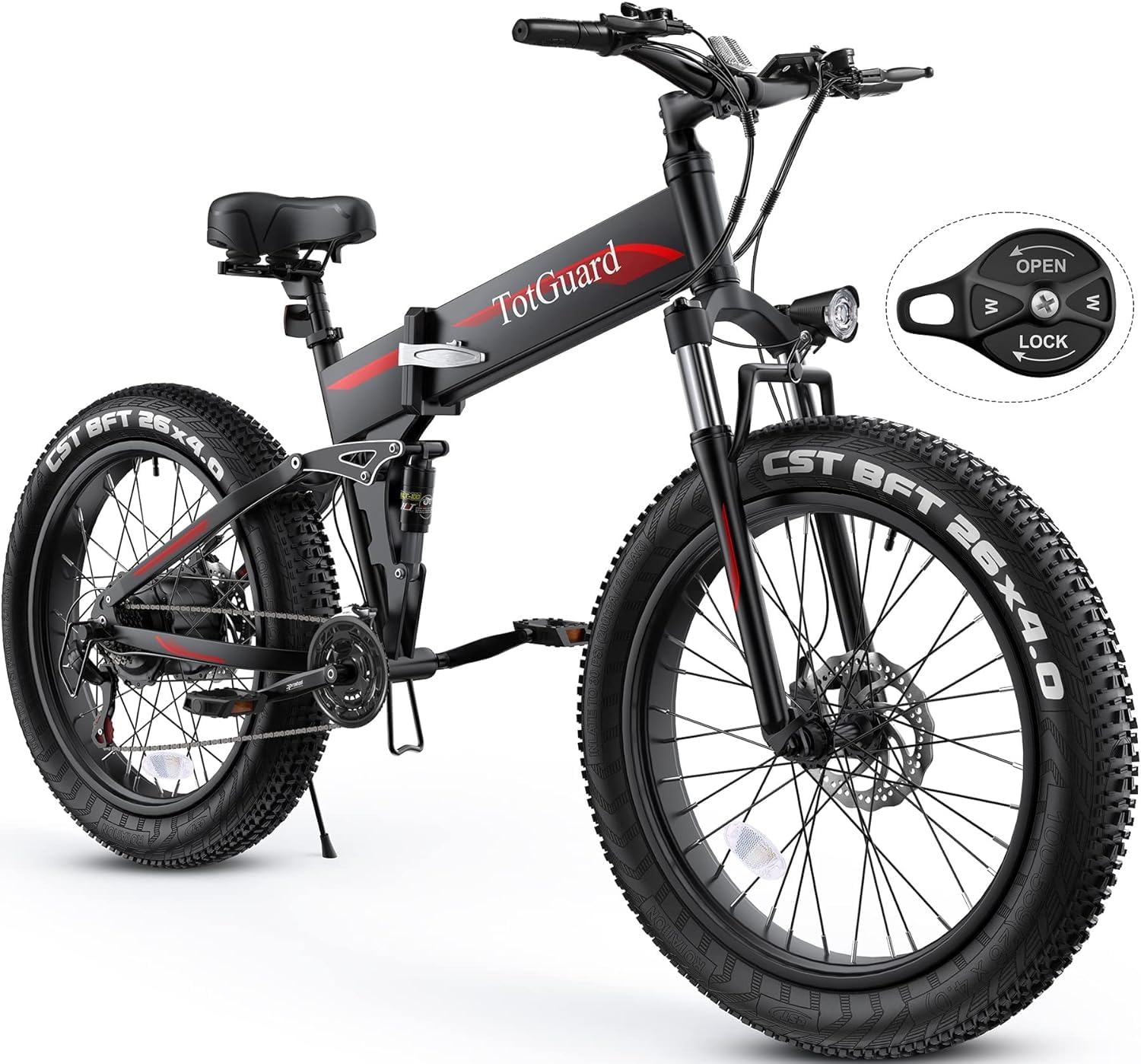 TotGuard Electric Bike,26" x4.0 Fat Tire Electric Bike with 1000W Peak Motor,48V 10.4Ah Removable Battery, 21.6MPH Foldable Mountain Ebike, Dual Shock Absorbers,21 Speed, SGS Certified to UL 2849