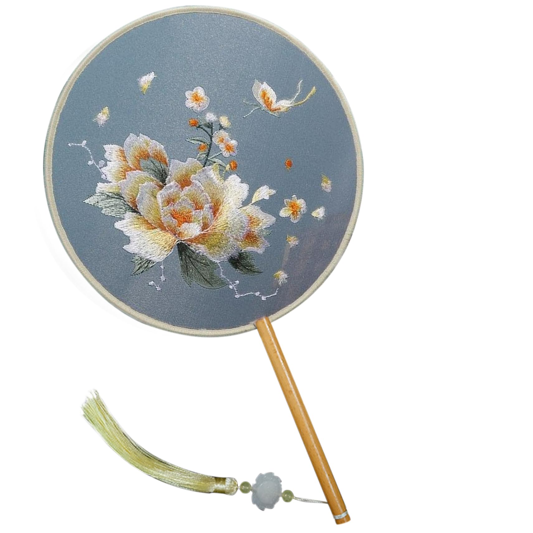 Éventail chinois en soie avec broderie artisanale double face et manche en bois noble