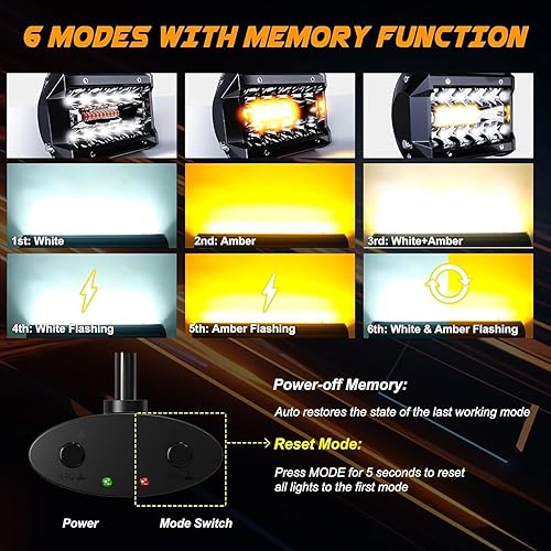 Miniatura 2 de ASLONG 4 piezas de 4 pulgadas de luz LED de color blancoámbar amarillo, barra LED de triple fila con modos de concentración e inundación, lámpara