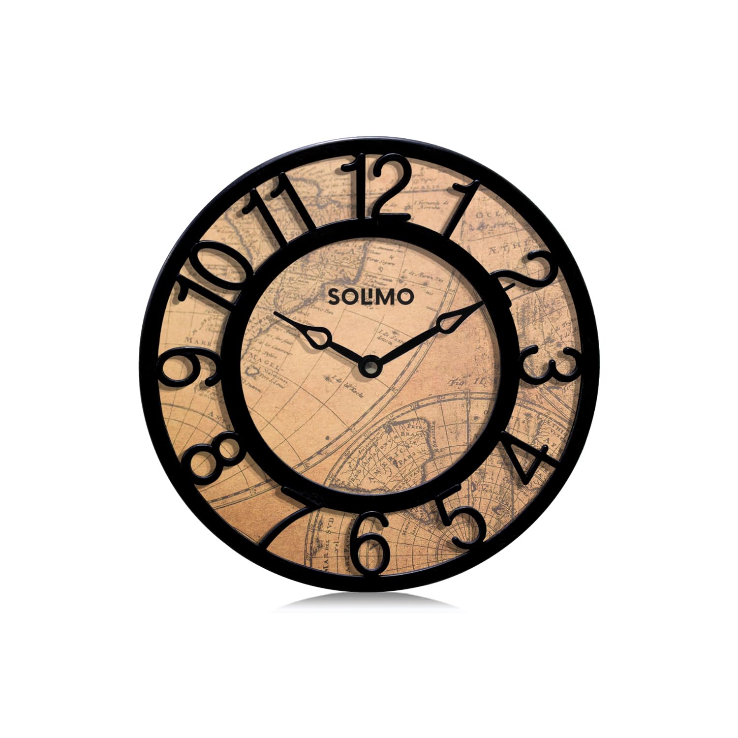 Amazon Brand - Solimo 8-Inch Plastic Analog Wall Clock/Table Clock - Map Dial (Black Frame, Quartz Movement)