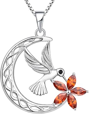 YL Hummingbird Necklace 925 Sterling Silver Celtic Moon Pendant 18k White Gold Plated Flower Jewelry for Women