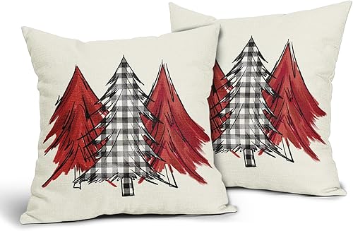 Juego de 2 fundas de almohada con diseño de acuarela para árbol de Navidad de 16 x 16 pulgadas, color rojo, negro y blanco, a cuadros, para