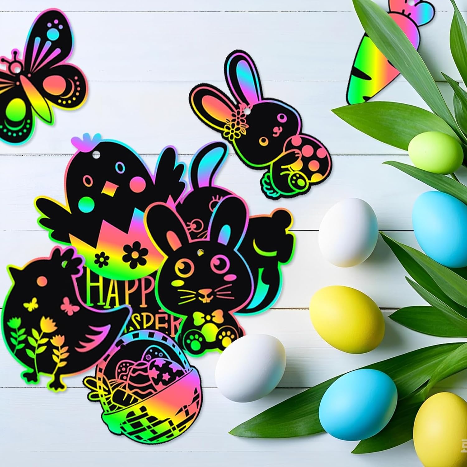 BruinBang 48 PCS Easter Scratch Cards DIY Magic Rainbow Color Scratch Art Sets Easter Crafts Fun Spring Classroom Art Activities Spring Hanging Ornaments Basket Stuffers Party Supplies Gifts