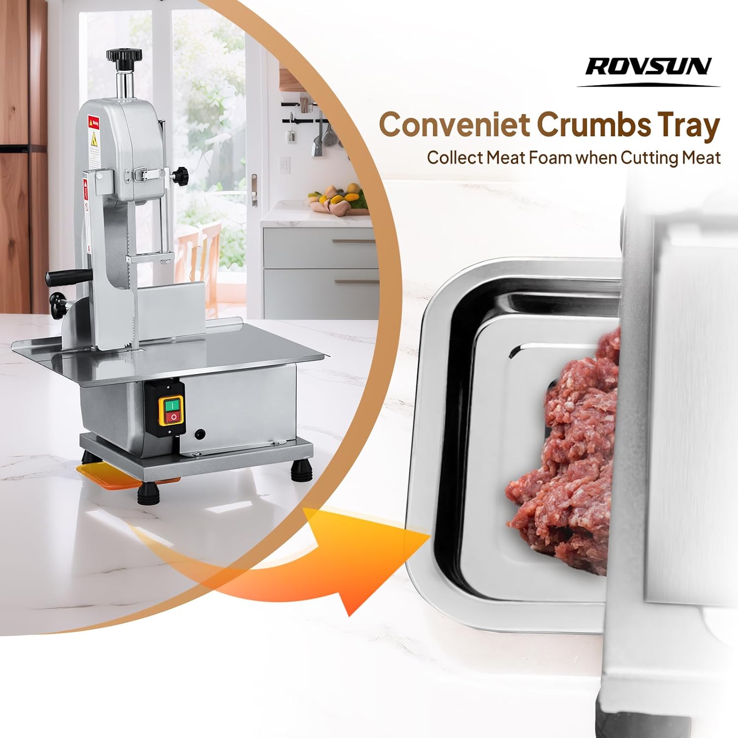 ROVSUN 750W Electric Bone Saw Machine,0.16-7.9Inch Cutting Thickness Frozen Meat Cutter with 6 Saw Blades, Commercial Bandsaw Machine Stainless Steel 18.5 x 12.4 In Table for Chicken Fish Beef