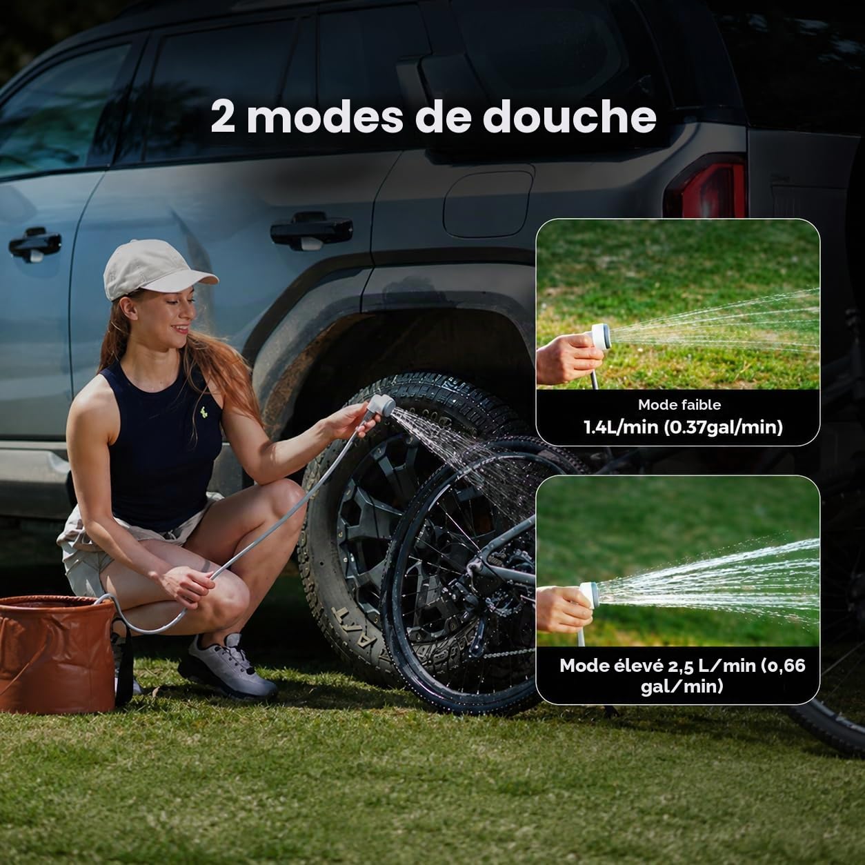 FLEXTAILGEAR Tiny Shower Douche de camping portable d'extérieur avec pompe, tuyau de 2,2 m, charge USB-C et deux modes de débit d'économie d'eau, pour le jardin, les voyages, la plage et les animaux